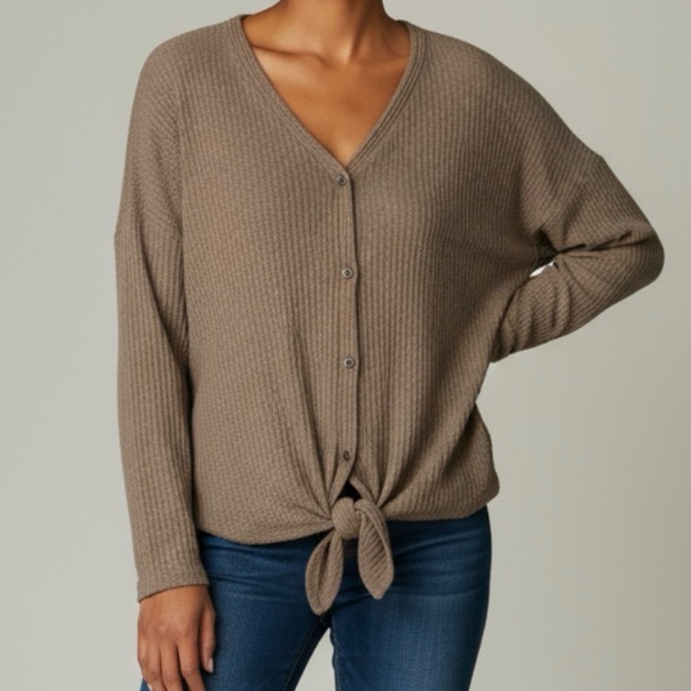 Taupe Button-Up Waffle Knit Cardigan